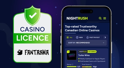 Phone showing Nightrush website, approved badge, Fantasma logo.