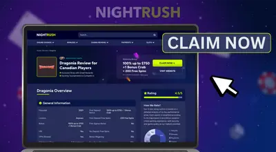 Laptop showing a casino review page for Dragonia with a large CLAIM NOW button.