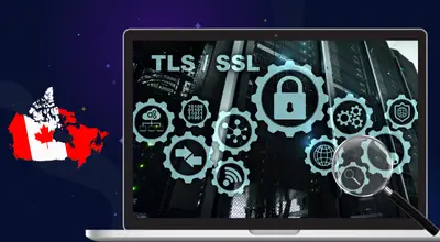 A laptop on SSL encryption image, a magnifying glass, and a Canadian flag on a dark background.