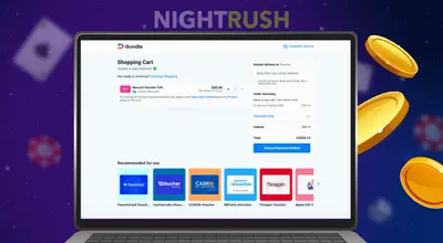 Laptop screen showing a Dundle shopping cart checkout page for a Neosurf voucher.