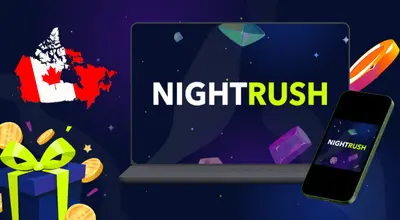 A laptop and phone with a Nightrush logo, a box, gold and a Canadian flag on a dark background.