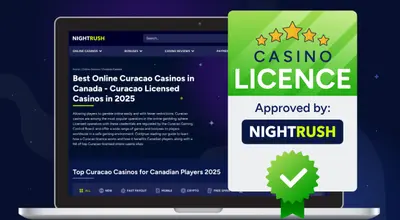 Laptop showing a casino review page with a large green CASINO LICENCE Approved by: NIGHTRUSH graphic.