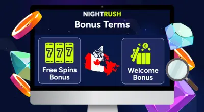 A screen with a Nightrush logo, two bonuses, a Canadian flag and casino items on a dark background.