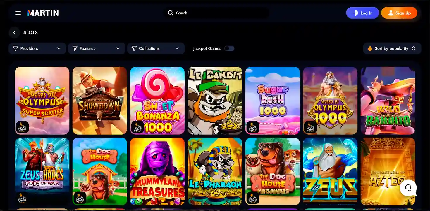 Martin Casino game selection.