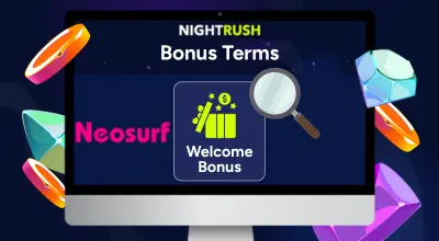 Monitor displaying Bonus Terms and Welcome Bonus with a magnifying glass graphic.