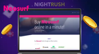 Laptop displaying the Neosurf website with floating gold coins on a purple background.