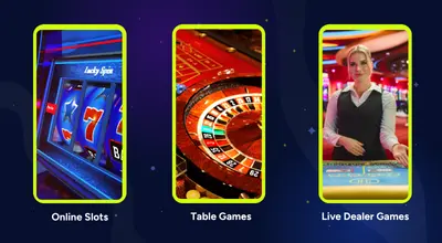Three framed images representing Online Slots, Table Games, and Live Dealer Games.