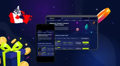 A tablet and phone with a Nightrush list, a CA flag, gold and a gift box on a dark background.