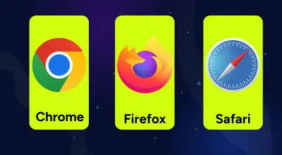Three yellow boxes with Chrome, Firefox and Safari logos and texts on a dark background.