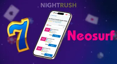 Smartphone screen showing a list of Neosurf Canada Voucher denominations on a purple background.