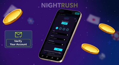 Smartphone showing a sign-up form with a Verify Your Account email icon and floating coins.