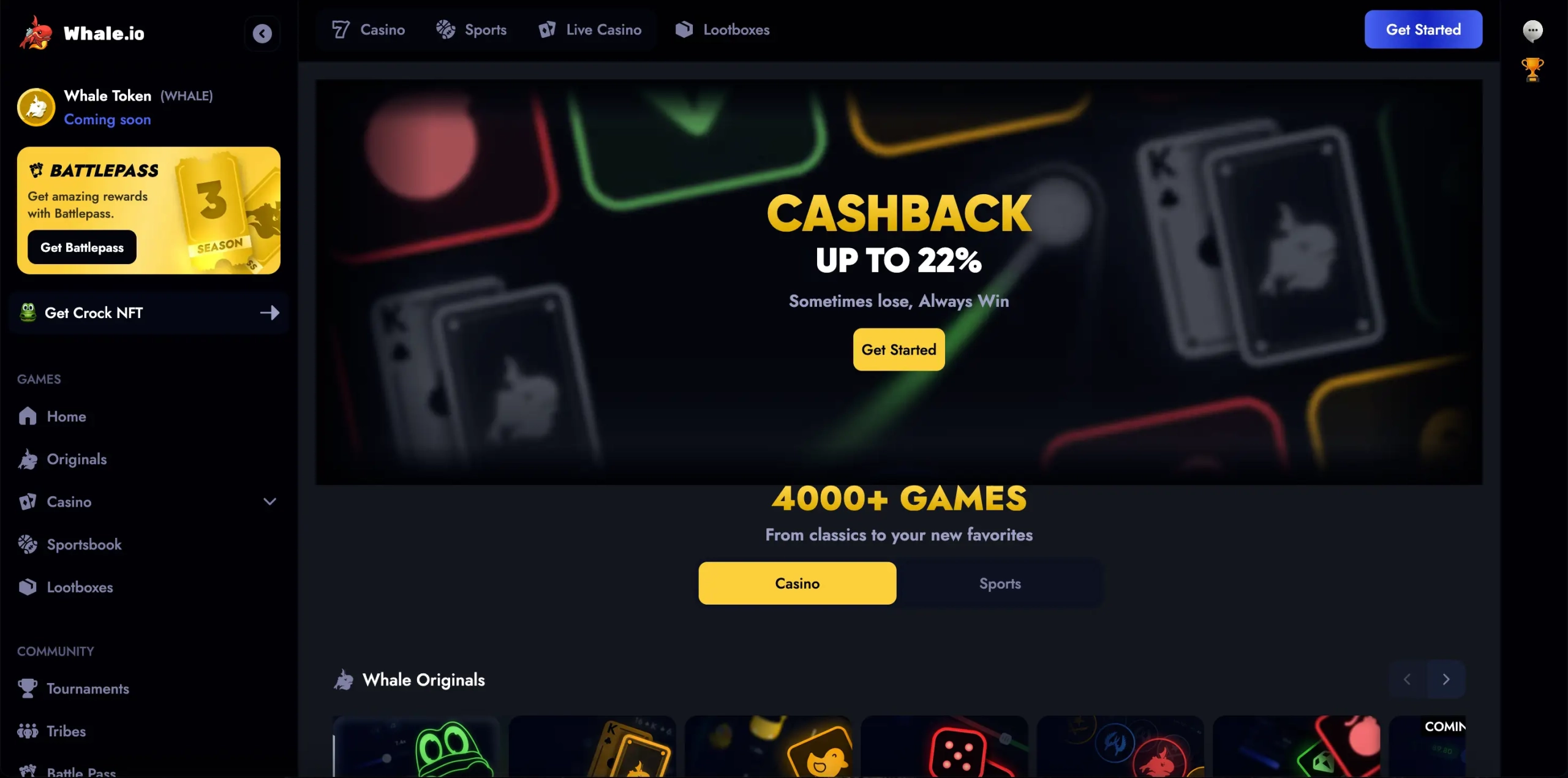 Whale.io Casino homepage.