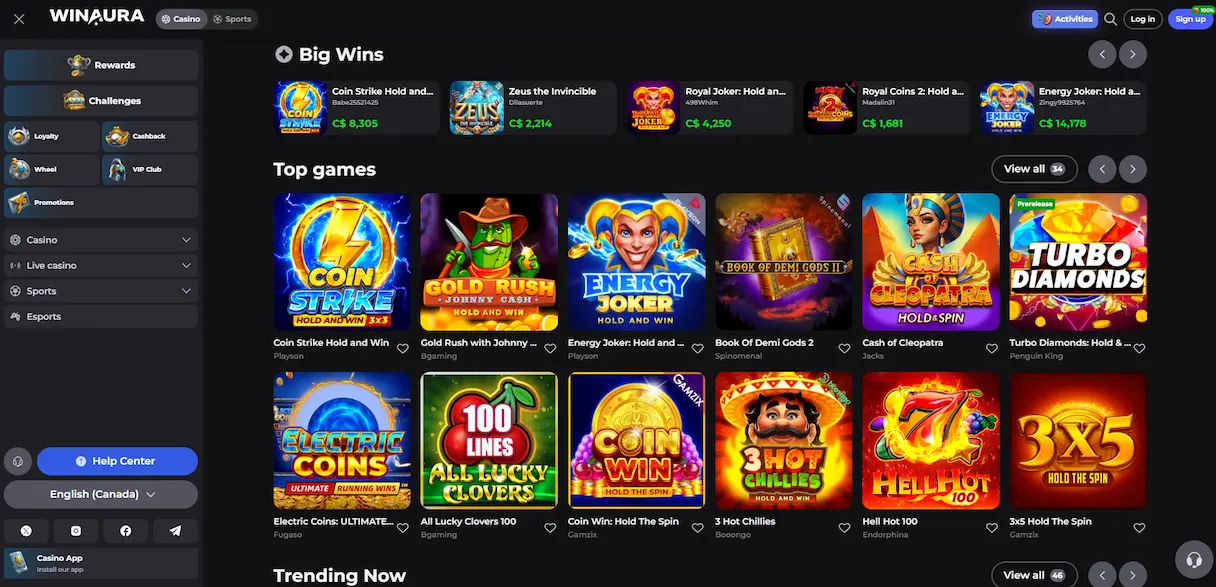 Winaura Casino slot games page
