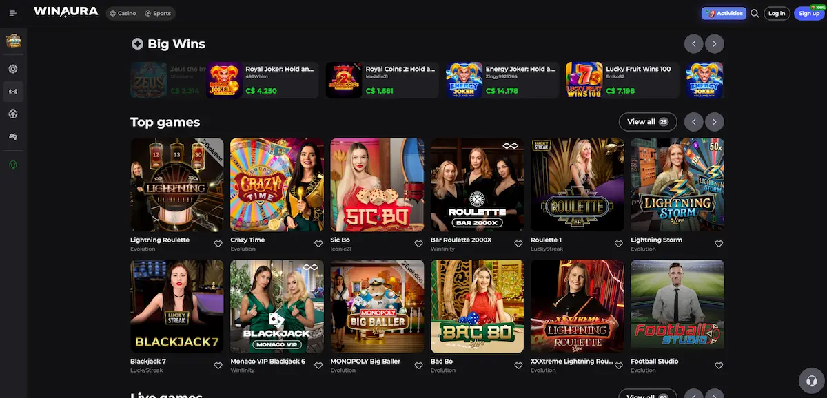 Winaura Casino live casino section