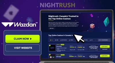 Nightrush CA list, the Wazdan logo, a claim now button and a cursor against a starry background.