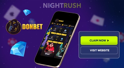 Donbet Casino on a phone, its logo, two gems and the claim now button against a blue background.
