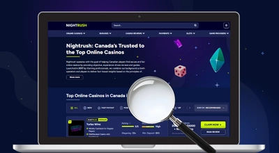 Nightrush CA casino list with a magnifying glass on a blue background.
