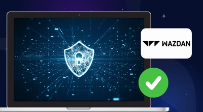 Wazdan logo, a casino licence, and the Nightrush CA list on a laptop against a starry background.