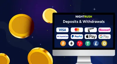 Deposit and withdrawal methods on a screen with golden coins against a blue background.