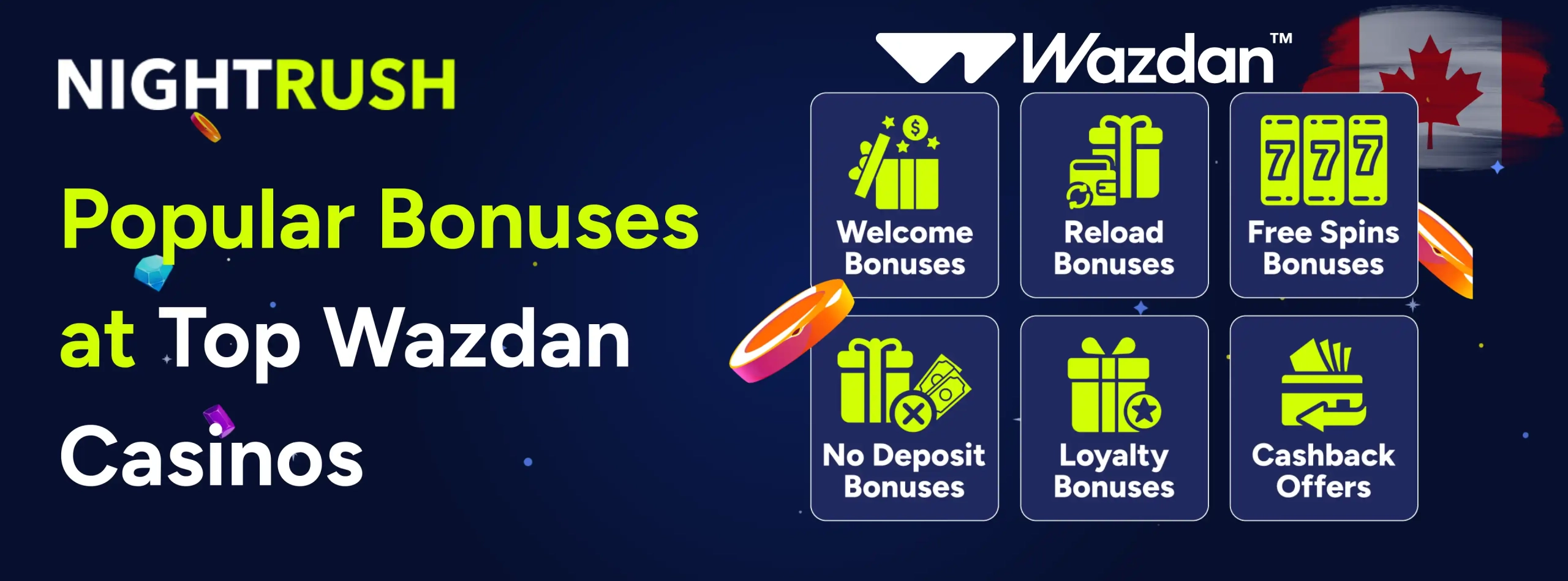 Popular Bonuses at Top Wazdan Casinos, Wazdan logo, a CA flag and casino items on a starry setting.