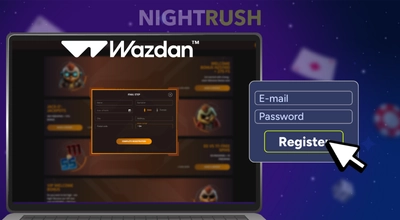 A casino registration, the Wazdan logo, a button and a cursor against a starry background.