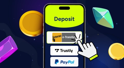 Interac, Trustly and PayPal on a phone with casino items and a cursor on a blue background.