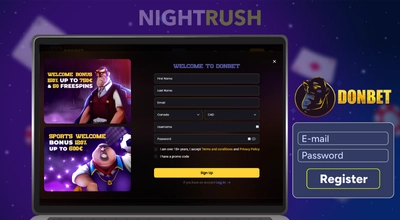 Donbet Casino on a laptop, its logo, and register button against a blue background.