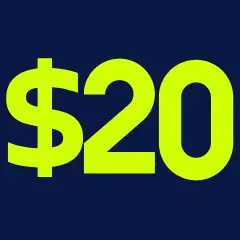 20 Dollar symbol in yellow against a blue background.