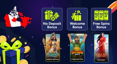 Casino slots and bonuses with a CA flag and gift box against a blue background.