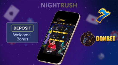 Donbet Casino on a phone, its logo, a seven, and a deposit button against a blue background.