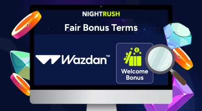 The Wazdan logo and bonus on a laptop with casino items against a starry background.