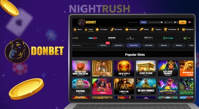 Donbet Casino on a laptop, its logo, and two golds against a blue background.
