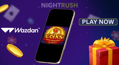 Wazdan logo and 9 Coins on a phone, play not button and casino items against a starry background.