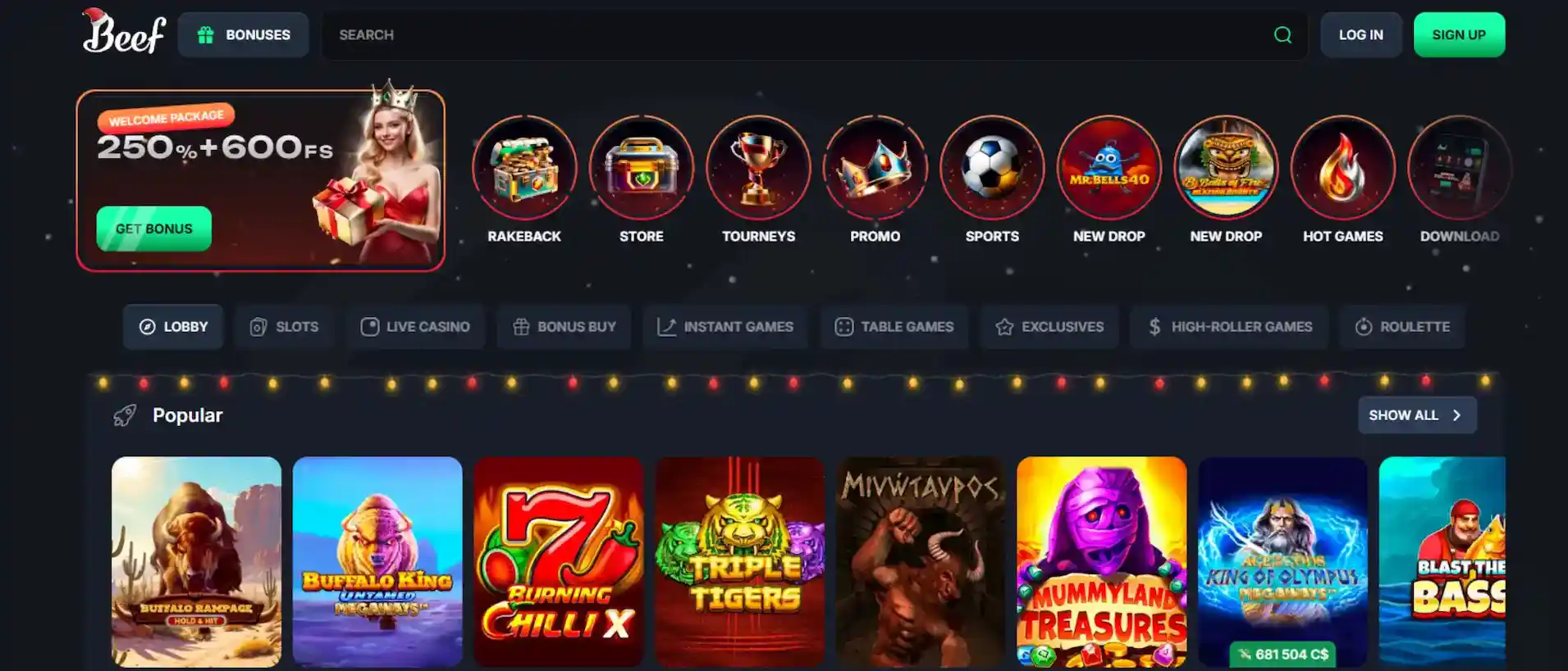 Screenshot of Beef Casino's game lobby