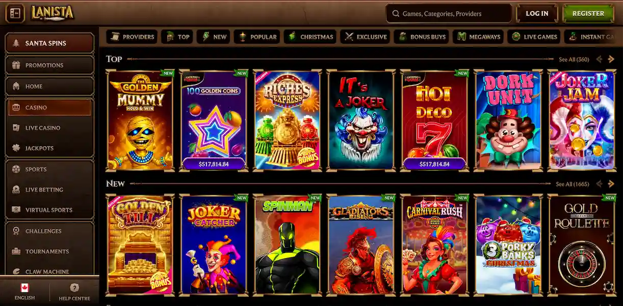 Lanista Casino game selection.