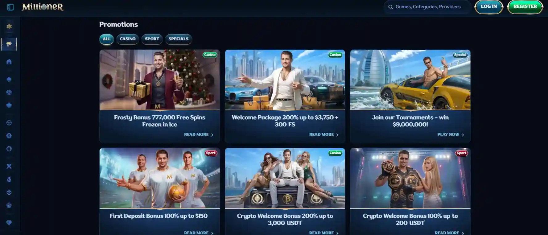 Screenshot of Millioner Casino promotions page
