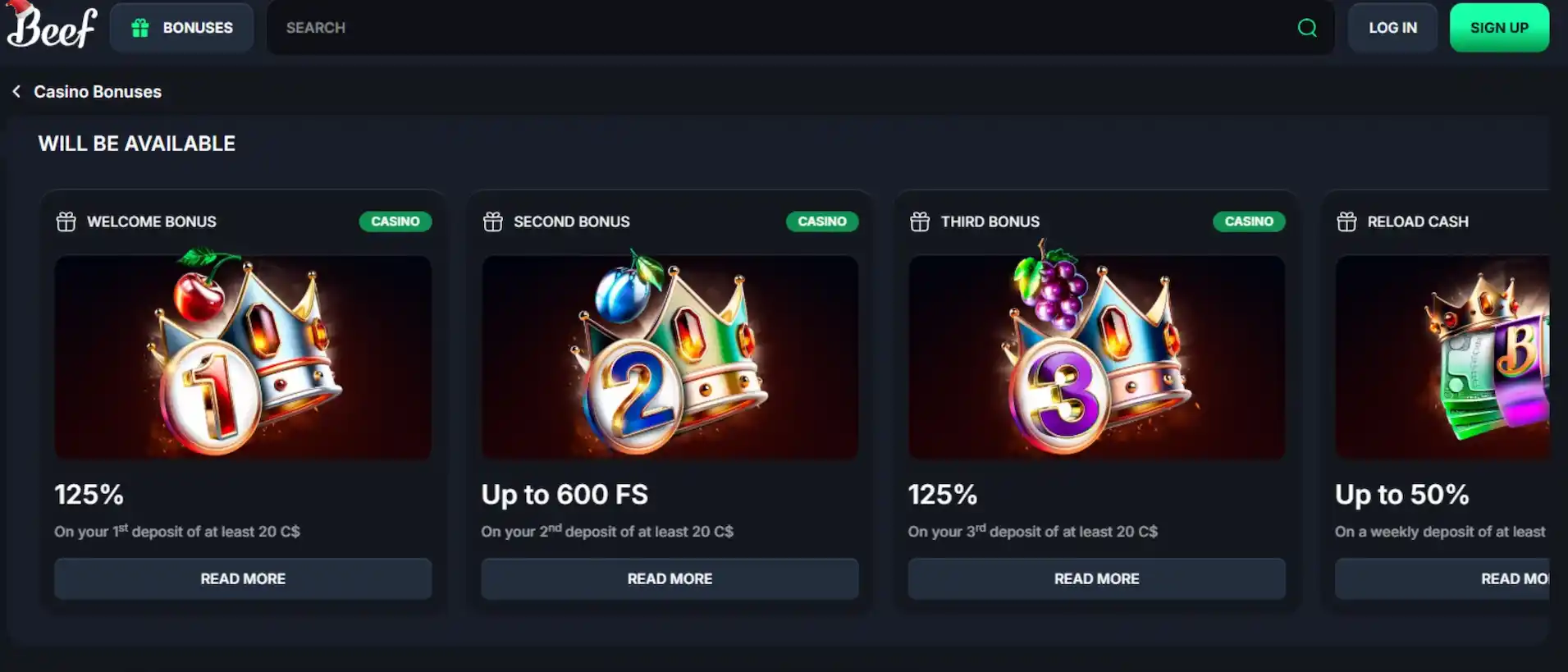 Screenshot of Beef Casino's promotions page