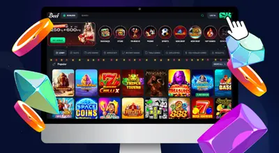 Laptop shows Beef Casino's homepage, cursor on Sign Up button.