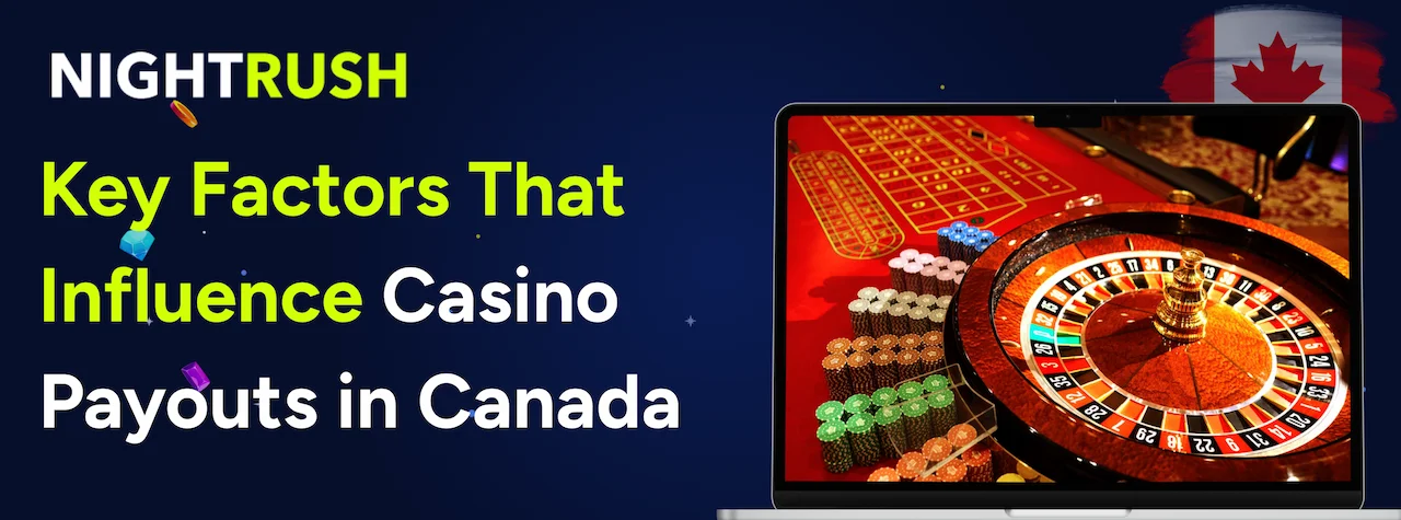 Banner for NIGHTRUSH with a title in green and white. Laptop displaying a roulette wheel.