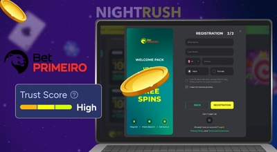 BetPRIMEIRO on a laptop with its logo, trust score and two gold coins on a starry background.