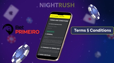 BetPRIMEIRO on a phone with its logo, terms button and two chips on a starry background.