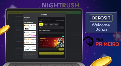 BetPRIMEIRO deposit on a laptop with its logo, deposit button and coins on a starry background.