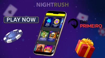 BetPRIMEIRO on a phone with its logo, play now button with casino items on a starry background.