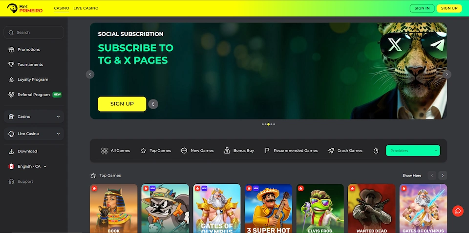BetPRIMEIRO's main page with a tiger head mascot, bonus details, and selected games.