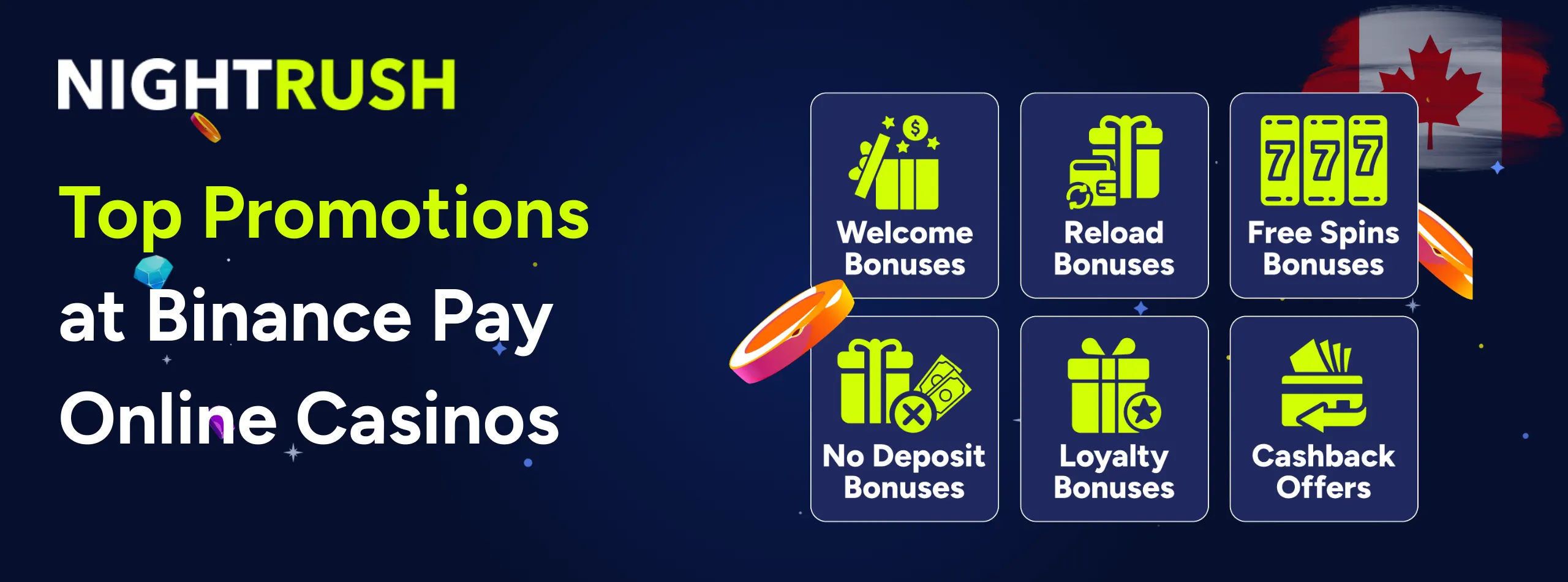 Nightrush banner with six neon-yellow icons representing casino bonuses like Welcome and Free Spins.