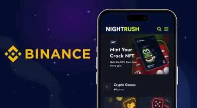 A phone screen shows NightRush's Crypto Games lobby and the Binance logo.