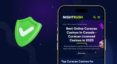Nightrush banner with six neon-yellow icons representing casino bonuses like Welcome and Free Spins.