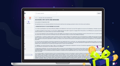 A laptop screen shows a casino's Account, Pay-Outs and Bonuses terms and conditions page.