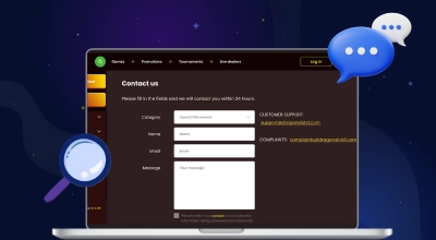 A laptop screen shows a casino's Contact Us form with speech bubbles nearby.