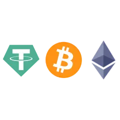 Tether, Bitcoin, and Ethereum logos with green, orange, and grey colours.